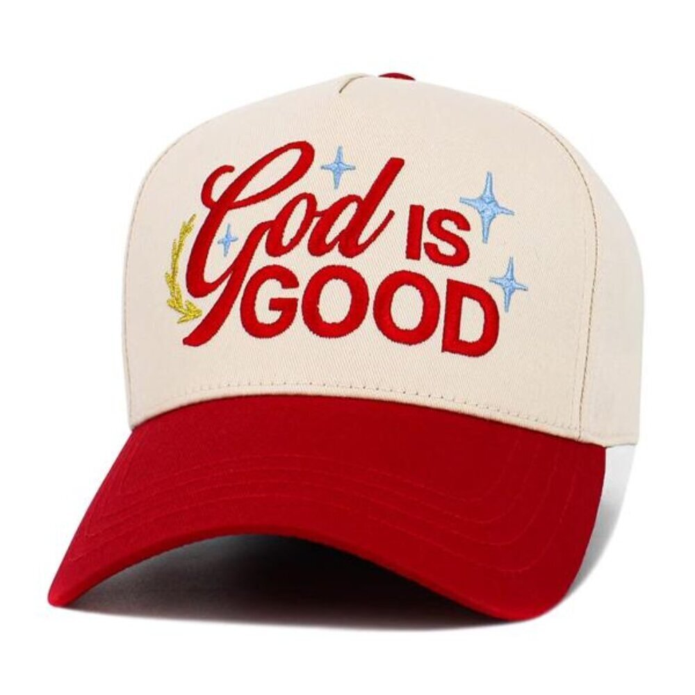 Womens God is Good Baseball Cap Hat in Cream and Red 100% Cotton